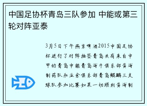 中国足协杯青岛三队参加 中能或第三轮对阵亚泰