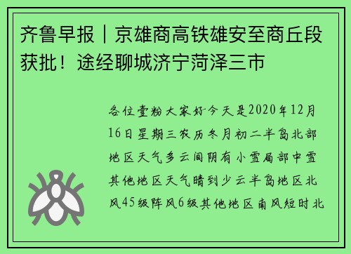 齐鲁早报｜京雄商高铁雄安至商丘段获批！途经聊城济宁菏泽三市